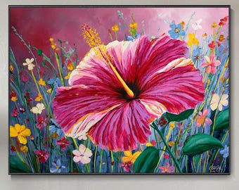 Hand Hibiscus Oil Painting Vibrant Tropical Floral Wall Decor Colorful Wildflower Original Art For Living Room Home Decor Bold Pink Floral