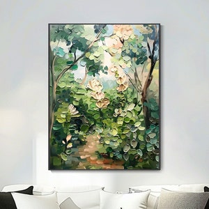 Toile peinture à l'huile forêt verte, art paysage vertical, décor mural abstrait texture arbres, peinture moderne fleurs, tableau déco image 1