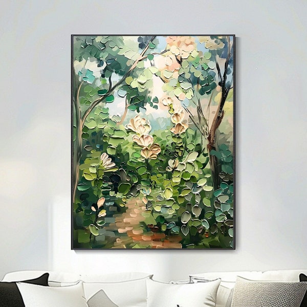 Toile peinture à l'huile forêt verte, art paysage vertical, décor mural abstrait texture arbres, peinture moderne fleurs, tableau déco