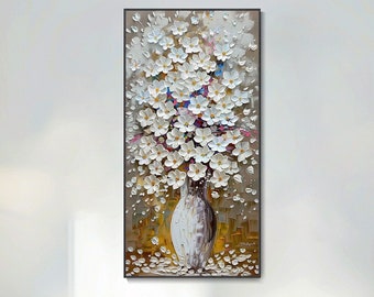 Peinture à l'huile abstraite moderne Fleurs blanches pour salon Tableau artistique pour chambre Peinture murale 3D Vase décoratif Style au