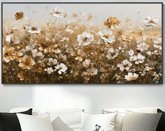 Vintage Wildflower Meadow Hand Oil Canvas Neutral Beige Floral Art Large Banner Nature Plant Wall Decor Original Daisy Pastoral Painting