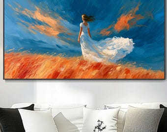 Abstract Girl In White Dress Walking Through Wheat Field Oil Painting Original Hand Textured Wind Blown Horizon Wall Art Freedom Landscape