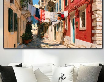 Mediterranean Old Town Alley Hand Oil Painting Abstract European Cobblestone Street With Laundry Scene Colorful Italian Street View Art Wall