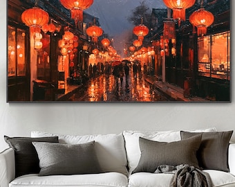 Vintage Street Red Lantern Night Scene Hand Oil Painting Abstract Rainy Night Ancient Town Canvas Wall Decor Original Warm Light Lantern