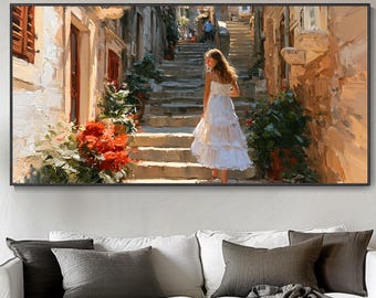 Abstract Girl In White Dress On European Town Stairs Oil Painting Modern Cozy Mediterranean Alley Floral Landscape Art For Living Room Wall