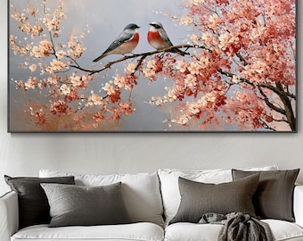 Two Birds On Cherry Blossom Branch Hand Oil Painting Romantic Pink Floral Tree Canvas Wall Art Impasto Bird And Flower Artwork Large