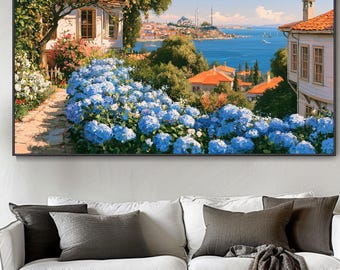 Istanbul Blue Hydrangea Seaside Hand Oil Painting Abstract Mediterranean Coastal Town Landscape Modern Living Room Wall Decor Original