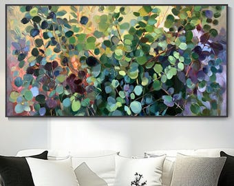 Abstract Hand Canvas Eucalyptus Leaves Painting Modern Landscape Green Plants Art Original Large Horizontal Nature Decor Gift Christmas Home