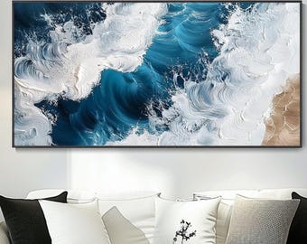 Original Hand Ocean Wave Oil Painting Abstract Impasto Blue Seascape Wall Art Modern Coastal Decor For Living Room White Wave Decor