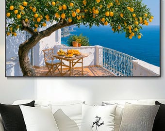 Abstract Hand Coastal Lemon Tree Terrace Oil Painting Mediterranean Seaside Terrace Seascape Canvas Wall Art Italian Coast Landscape Art