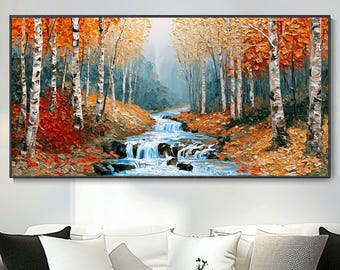 Autumn Birch Forest Stream Oil Painting Art Autumn Waterfall Landscape Wall Decor Abstract Hand Textured Woodland Canvas Natural Plant