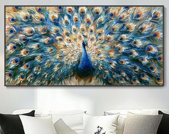 Abstract Hand Peacock Canvas Oil Painting Original Custom Wall Home Decor Art Modern Vibrant Blue Peacock Painting For Living Room Home