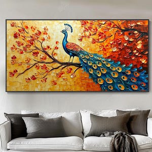 3D Colorful Peacock Texture Wall Art Vibrant Canvas Animal Painting Peacock On Treetop Contemporary Bird Canvas Art Modern Living Room Decor