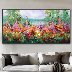 Wildflower Meadow Canvas Art Textured Wall Art Original Floral Oil Paintings Colorful Field Floral Decor Vibrant Blooming Garden Wall Art