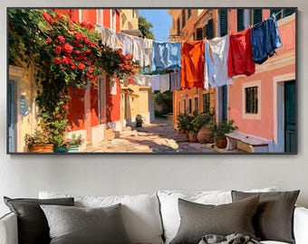 Abstract City Architecture Hand Mediterranean Village Street Oil Painting Large Size Impasto Wall Art Colorful Italian Town Alley Painting
