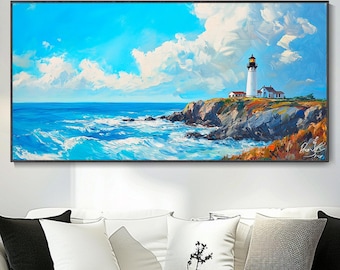 Hand Thick Texture Seascape Oil Painting Lighthouse Beach Canvas Art Home Wall Decor Living Room Bedroom Wall Art Original Knife Painting 3D