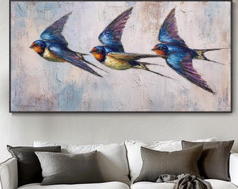 Original Custom Hand Swallow Oil Painting Abstract Custom Flying Bird Wall Art Original Wildlife Bird Artwork For Living Room Home Decor