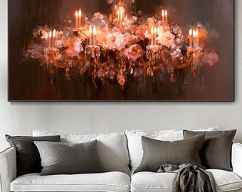 Vintage Hand Textured Crystal Chandelier With Pink Roses Wall Art Romantic Candlelight Floral Oil Painting Dark Mood Horizontal Canvas Luxe