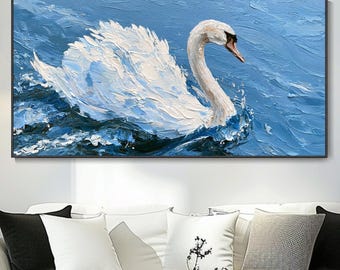 Hand White Swan Oil Painting Blue Water Scene Living Room Horizontal Wall Art Original Canvas 3d Texture Modern Simple Animal Theme Large