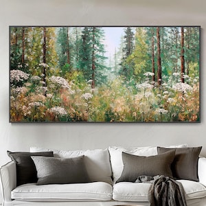 Arte paesaggistica astratta dipinta a mano di una foresta verde, tela florale testurizzata, decorazione murale per salotto