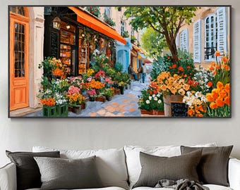 Abstract Hand Painted Textured Paris Flower Market Street Scene Wall Art Horizontal French Cityscape Oil Painting Colorful European Vintage
