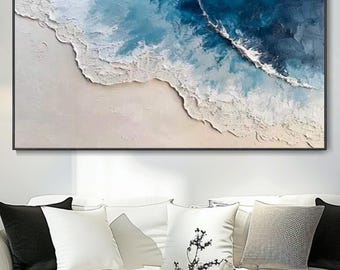 Original Hand Beach Waves Oil Painting Abstract Thick Texture Seascape Wall Art Modern Minimalist Coastal Blue Ocean Theme Art For Living