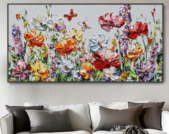 Abstract Hand Wildflowers And Butterflies Oil Painting Thick Texture Colorful Floral Wall Art Original Flower Meadow Art For Living Room