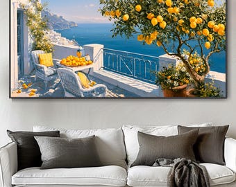 Abstract Textured Coastal Lemon Tree Terrace Hand Oil Painting Modern Mediterranean Seaside Balcony Seascape Canvas Wall Art Italian Summer