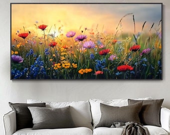 Vibrant Wildflower Hand Knife Oil Painting Living Room Decor 3D Texture Abstract Floral Art Sunrise Field Scenery Canvas Wall Mural Modern