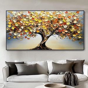 Original Gold Blooms Artwork Textured 3D Abstract Oil Painting Sky Landscape Tree Wall Art Living Room Hanging Nature Scenery Decor Canvas