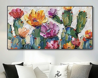 Colorful Cactus Oil Painting Textured Living Room Wall Art Abstract Plant Decor Palette Knife Style Mural Unique Personalized Gift Modern