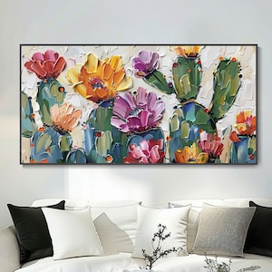 Colorful Cactus Oil Painting Textured Living Room Wall Art Abstract Plant Decor Palette Knife Style Mural Unique Personalized Gift Modern