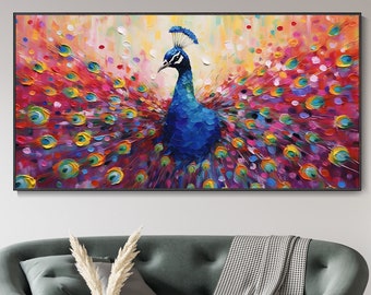 Schöner Pfau handgemalte Ölgemälde, böhmische Kunst, bunte Wandkunst, abstrakte Tier Leinwand Gemälde, Hauseinweihung Geschenk, moderne