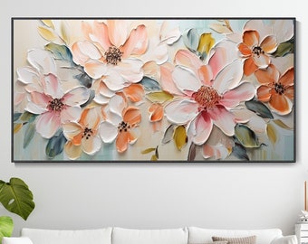 Original Flower Painting On Canvas 3D Textured Abstract Wall Art Wall Decor Living Room Soft Color Textured Flower Wall Art Spring Decor