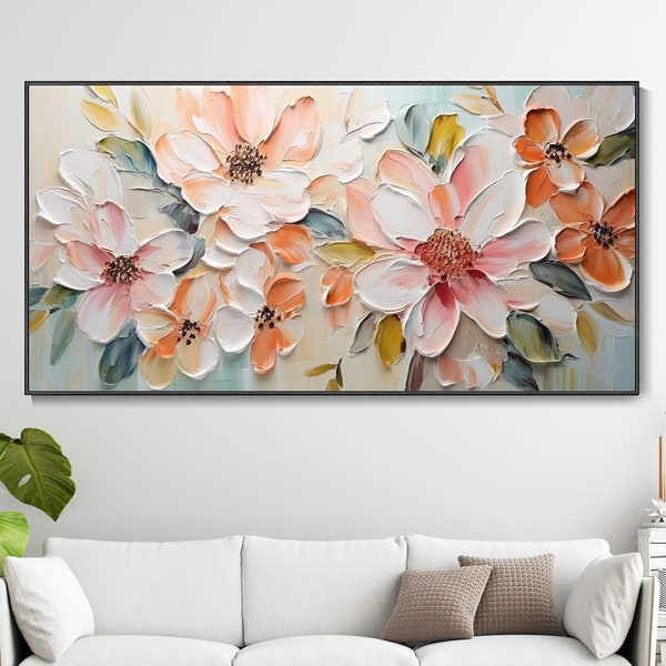 Original Flower Painting On Canvas 3D Textured Abstract Wall Art Wall Decor Living Room Soft Color Textured Flower Wall Art Spring Decor