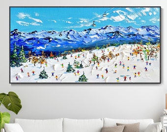 Peinture à l'huile sur toile de ski sportif Décoration murale 3D Peinture décorative à texture de neige blanche Peinture murale de salon