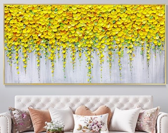Handgemalte 3D-Blumen-Messer-Malerei auf Leinwand, abstrakte gelbe florale strukturierte Kunst, original botanische große Wandmalerei