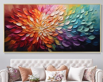 Flower Oil Painting on Canvas, Bohemian Artist Outfit Blooming Flower Botanical Landscape Art Living Room Decor Painting Wall Decor Painting