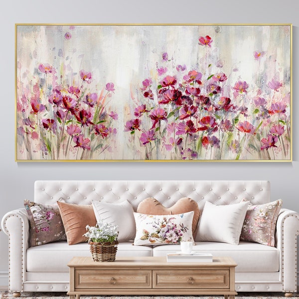 Peinture à l'huile de fleurs rouges sur grand mur, peinture au couteau sur toile de fleurs en fleurs, œuvre d'art abstraite sur mesure pour