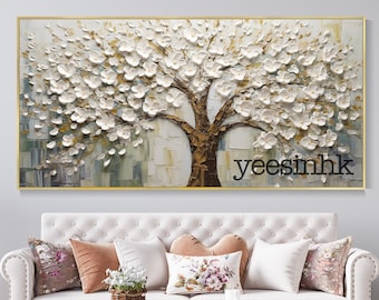 3D White Flower Tree Art, Tower Tree On Canvas Knife Painting, Textured Hand Painted Oil Painting, Minimalism, Living Room Decor Painting