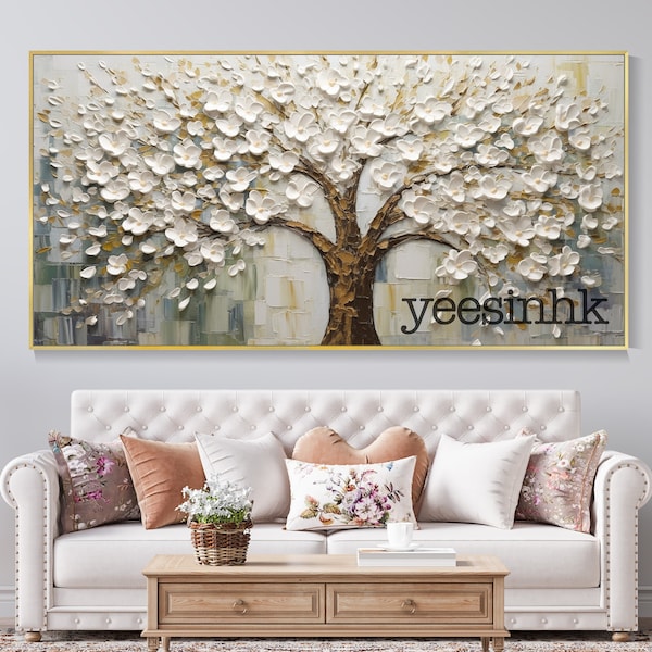 3D White Flower Tree Art, Tower Tree On Canvas Knife Painting, Textured Hand Painted Oil Painting, Minimalism, Living Room Decor Painting