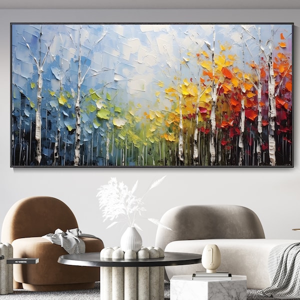 Large Original Canvas Oil Painting, Wall Decor Blue Sky And Colorful Forest Painting, Living Room Art, Hand Textured Painting, Bedroom Decor