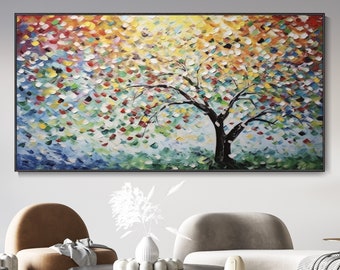 Abstrakte bunte Turm Baum Leinwand Ölgemälde, Landschaft texturierte böhmische Kunst, Original handgemalte Kunstwerke, zeitgenössische Kunst