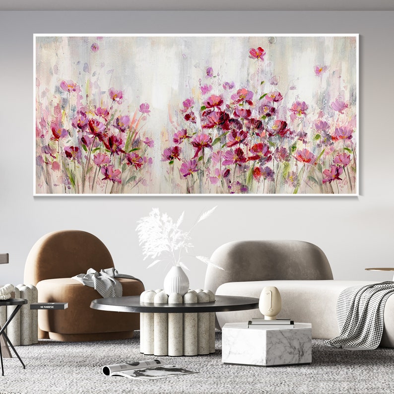 Large Wall Red Flower Hand Oil Painting, Blooming Flower Canvas Texture