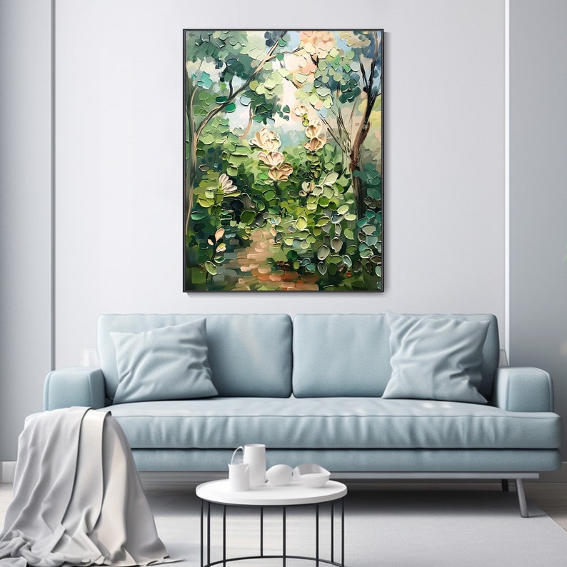 Toile peinture à l'huile forêt verte, art paysage vertical, décor mural abstrait texture arbres, peinture moderne fleurs, tableau déco image 3