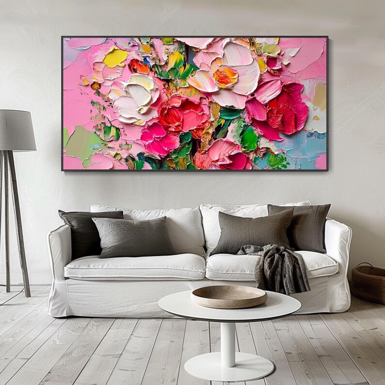 3D Pink Floral Plant Textured Hand Oil Painting Thick Impasto Landscape