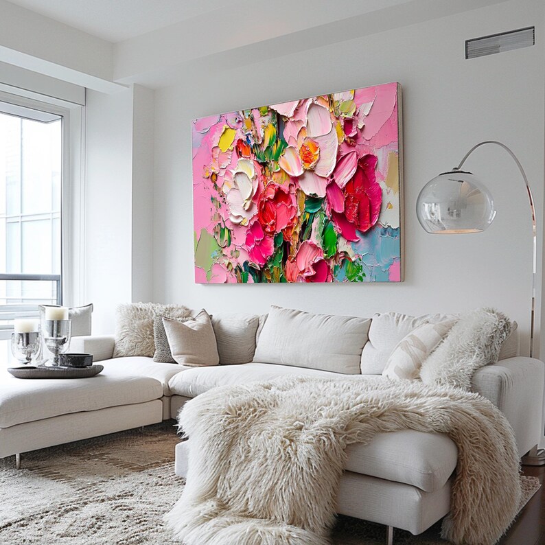 3D Pink Floral Plant Textured Hand Oil Painting Thick Impasto Landscape