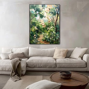 Toile peinture à l'huile forêt verte, art paysage vertical, décor mural abstrait texture arbres, peinture moderne fleurs, tableau déco image 2