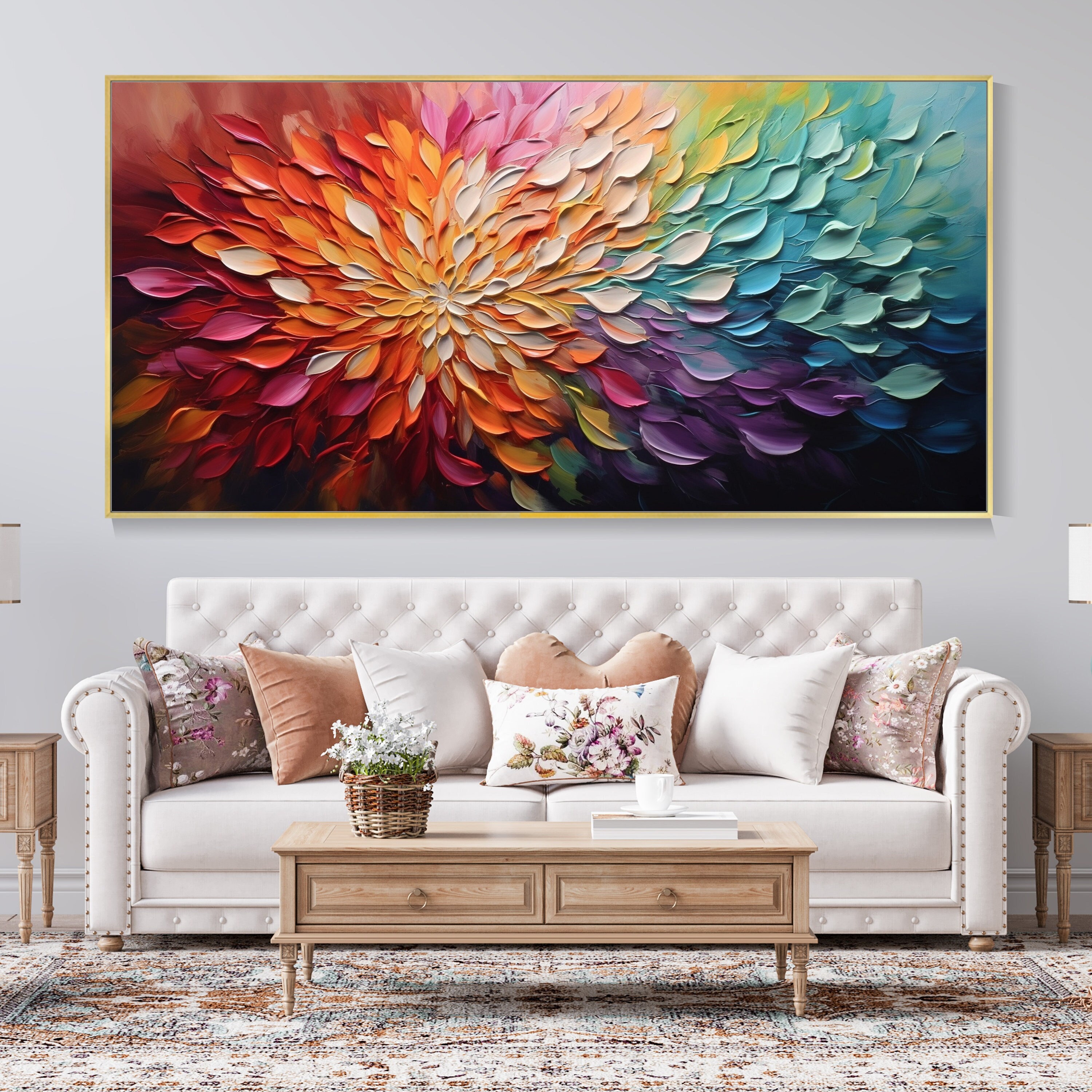 Flower Oil Painting on Canvas, Bohemian Artist Outfit Blooming Flower Botanical Landscape Art Living Room Decor Painting Wall Decor Painting