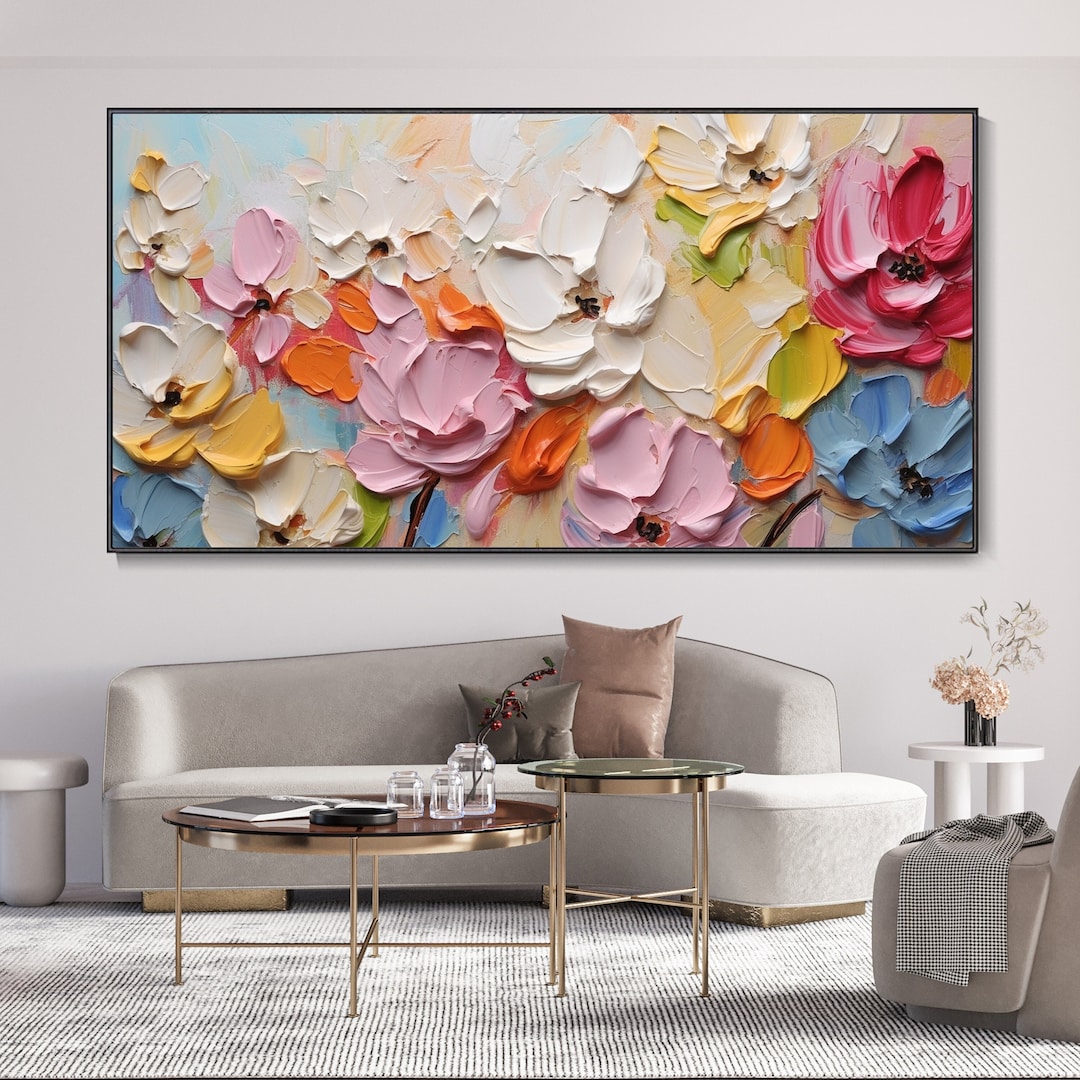 Original Canvas 3D Floral Oil Painting Creamy Texture Wall Art Living ...